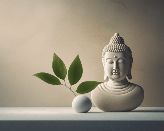 Ceramic white buddha statue in peaceful meditation next to a round stone with leaves