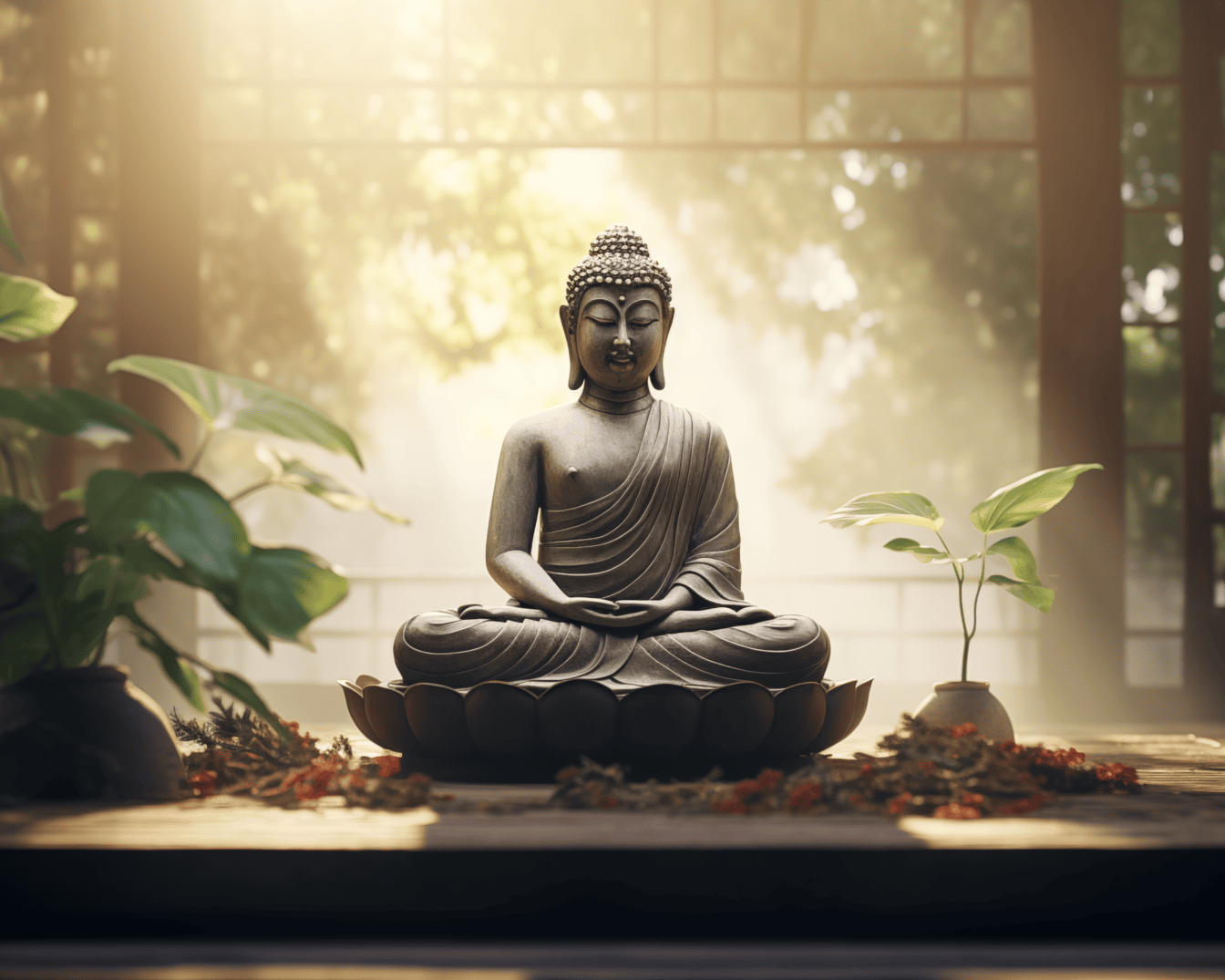 Figur af en mediterende Buddha i lotusstilling med bløde solstråler i baggrunden