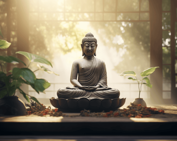 Figura de un Buda meditando en posición de loto con suaves rayos de sol en el fondo