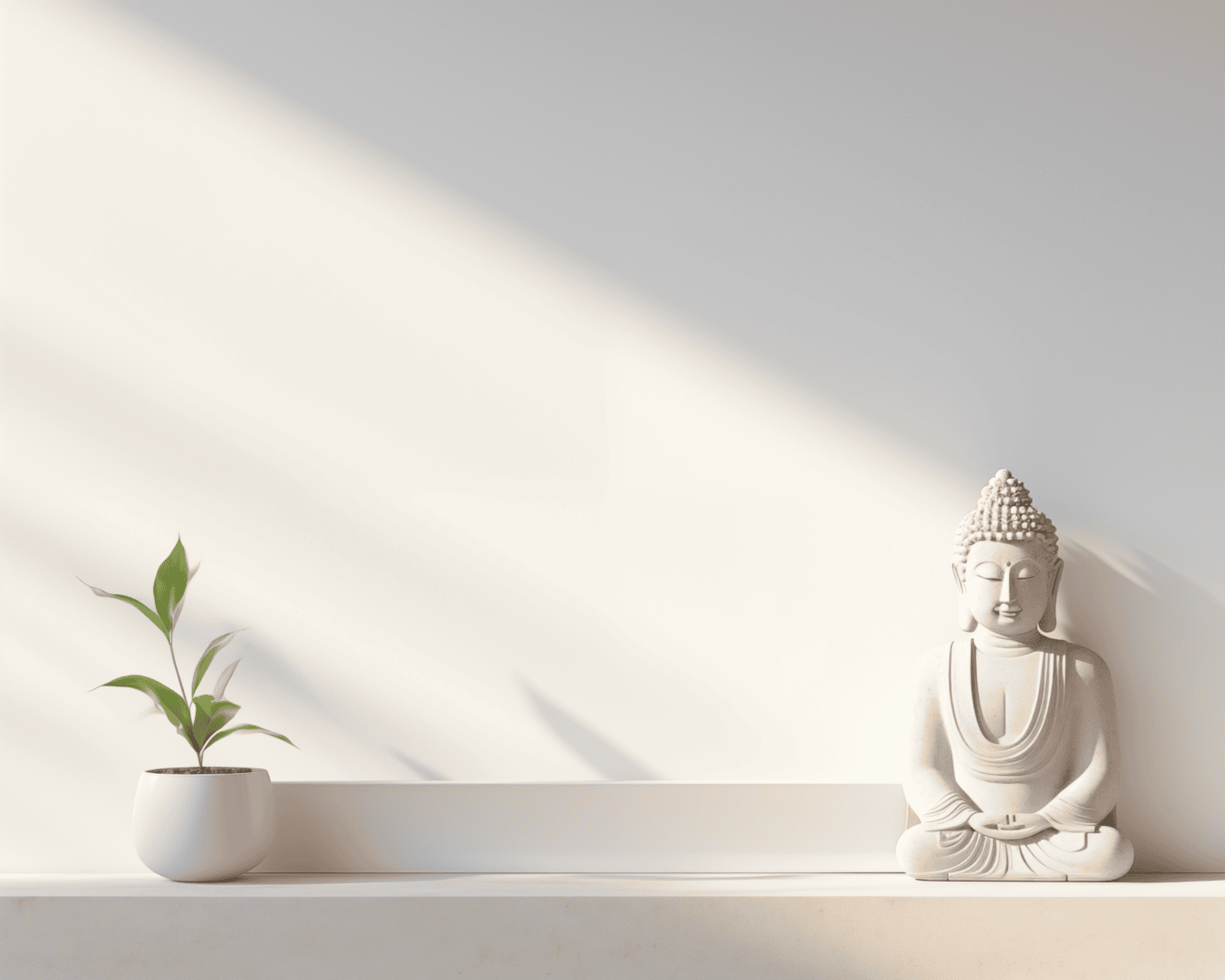 Hvit figur av en mediterende buddha i lotusstilling på hylle på hvit vegg under mild skygge
