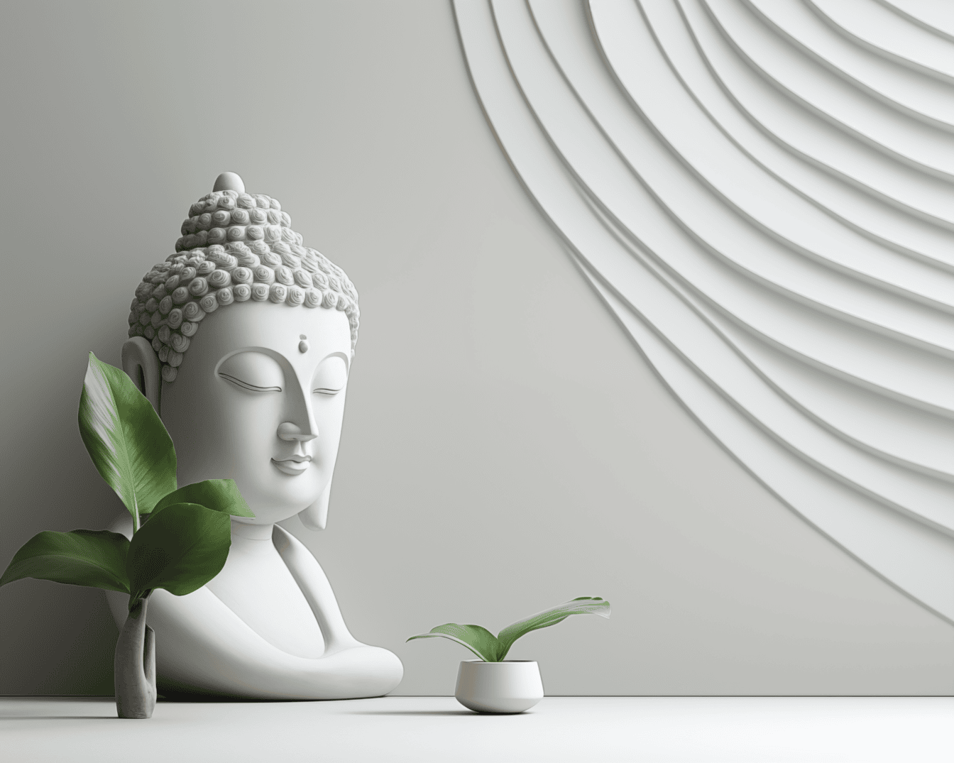 Minimalistisk interiørdesign med hvit Buddha-figur ved siden av en vase og med moderne dekorasjon på en hvit vegg