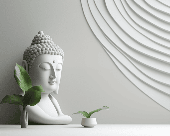 Мінімалістичний дизайн інтер’єру з білою фігуркою Будди поруч з вазою і з сучасним декором на білій стіні