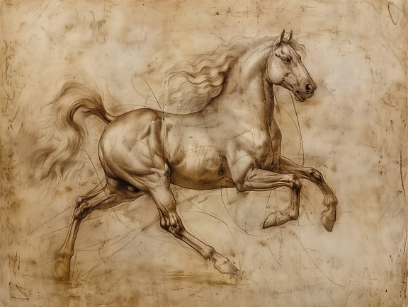 Grafitowy rysunek konia z długą grzywą w stylu średniowiecznego szkicu artystycznego na starym żółtawym papierze