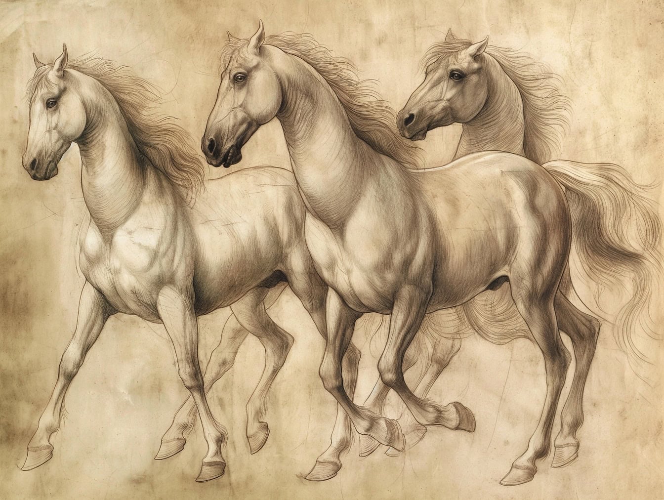Ručná kresba troch koní s dlhou hrivou pri cvale, náčrt na starom vyblednutom žltkastom papieri