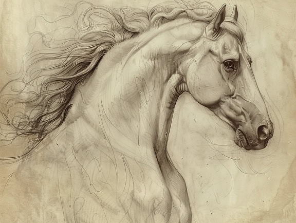 Dibujo de una cabeza de caballo un boceto de la cabeza de un semental se asemeja al arte de artistas famosos