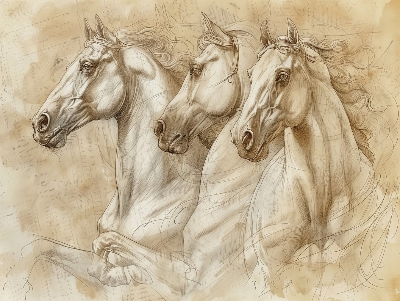 Ruční kresba koní na starém vybledlém poloprůhledném papíře ve stylu výtvarných děl středověkých umělců