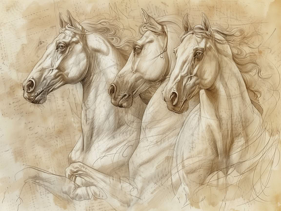 Um desenho manual de cavalos em papel semitransparente velho desbotado em um estilo de arte de artistas medievais