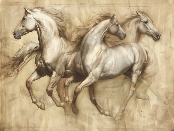 Tekening van drie paarden die door stof lopen