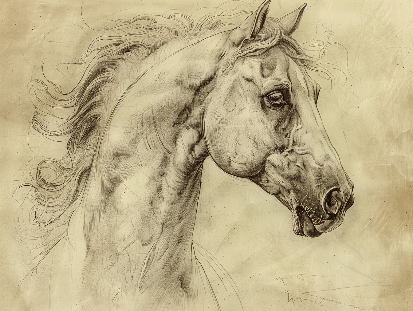 Super gedetailleerde schets van het hoofd van het paard met details van de neus, mond en oog van de hengst