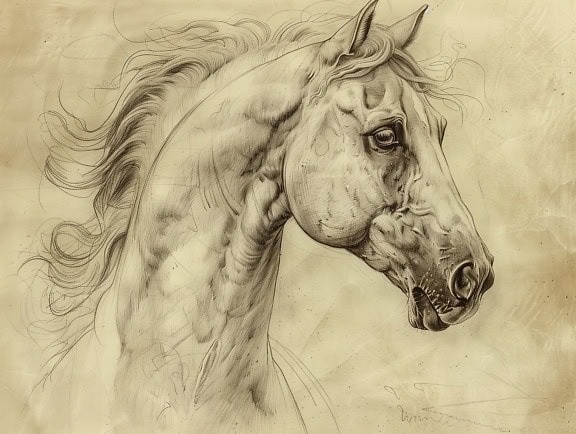 Εξαιρετικά λεπτομερές σκίτσο του κεφαλιού του αλόγου με λεπτομέρειες της μύτης, του στόματος και του ματιού του επιβήτορα