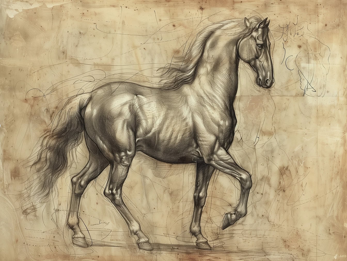 Grafitskiss av en Lipizzanerhäst med fin skuggning i stil med en medeltida konstnärlig ritning