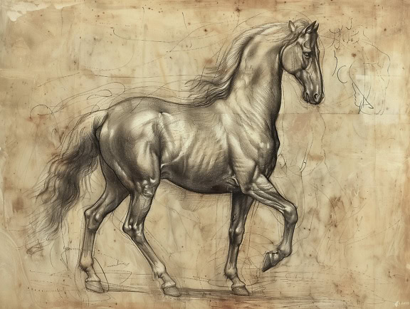 Boceto en grafito de un caballo lipizzano con bonito sombreado al estilo de un dibujo artístico medieval