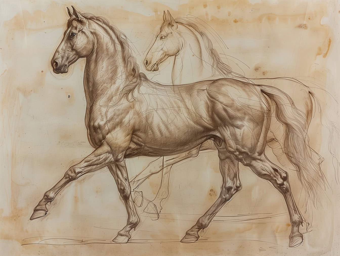 在旧纸上画了两匹马，前面的种马已经完成，而背景中的马仍然是一幅工作草图