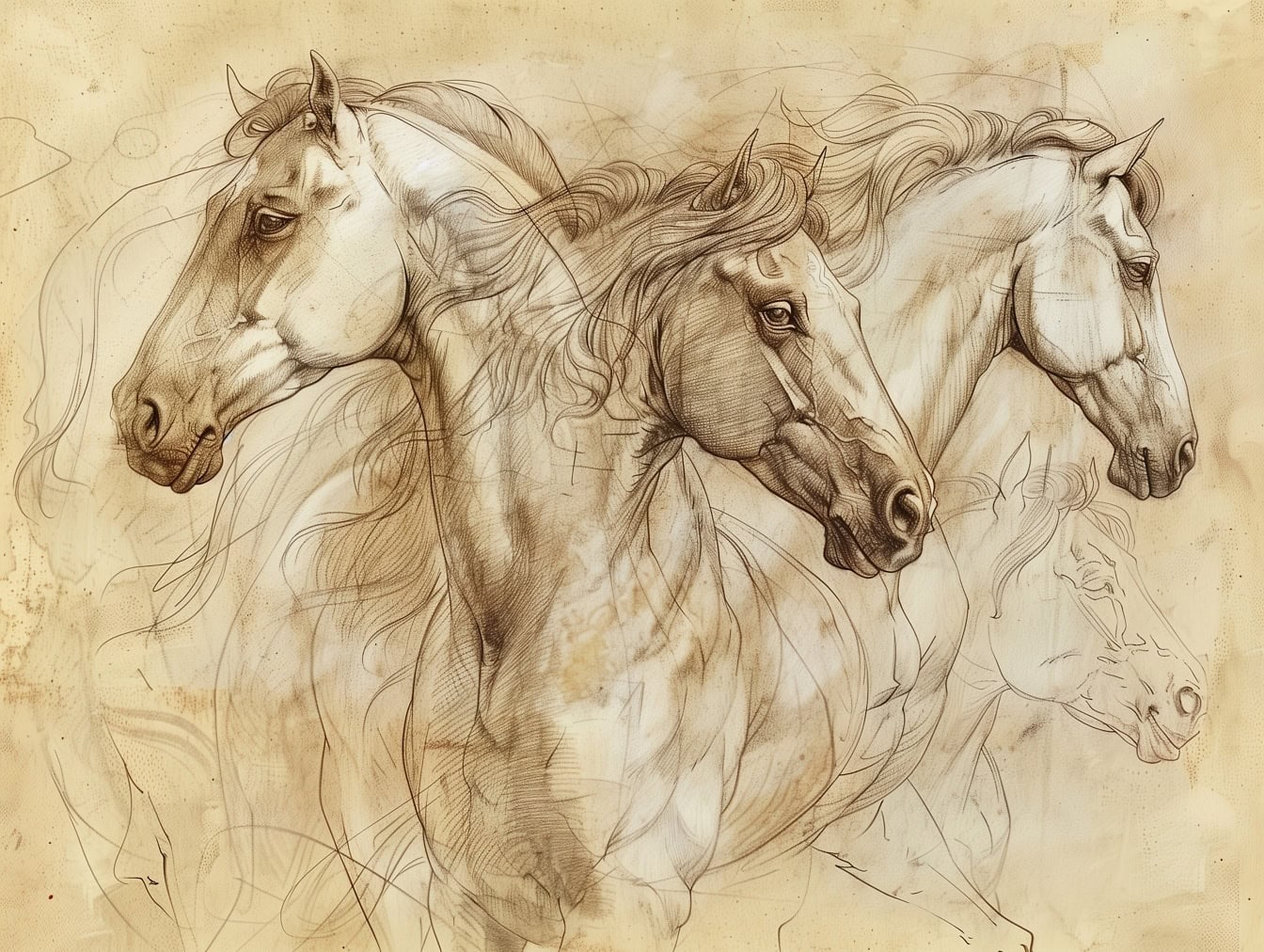 An unfinished working sketch drawing of several horses on faded yellowish brown paper, reminiscent of the artwork of a medieval artist