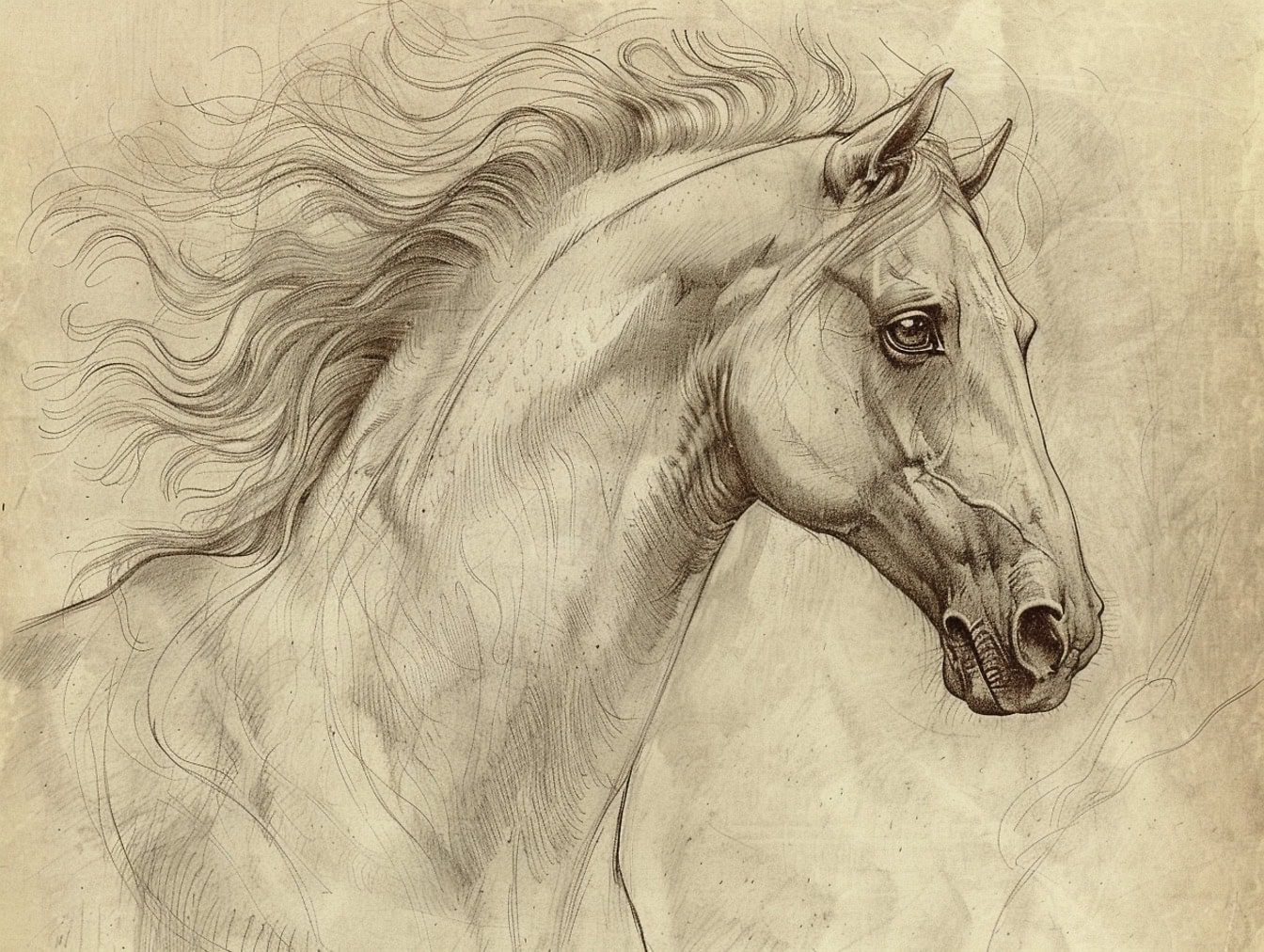 Sketsa kepala kuda di atas kertas tua kekuningan dengan fokus pada mata kuda jantan yang lembut