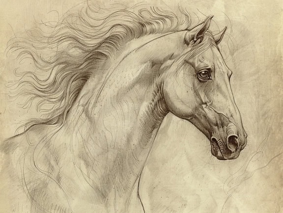 Skitse af et hestehoved på gammelt gulligt papir med fokus på et blidt øje af en hingst