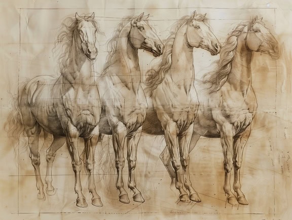 長いたてがみを持つ4頭の種牡馬のグラファイトドローイング、中世の芸術作品のスタイルで描かれています