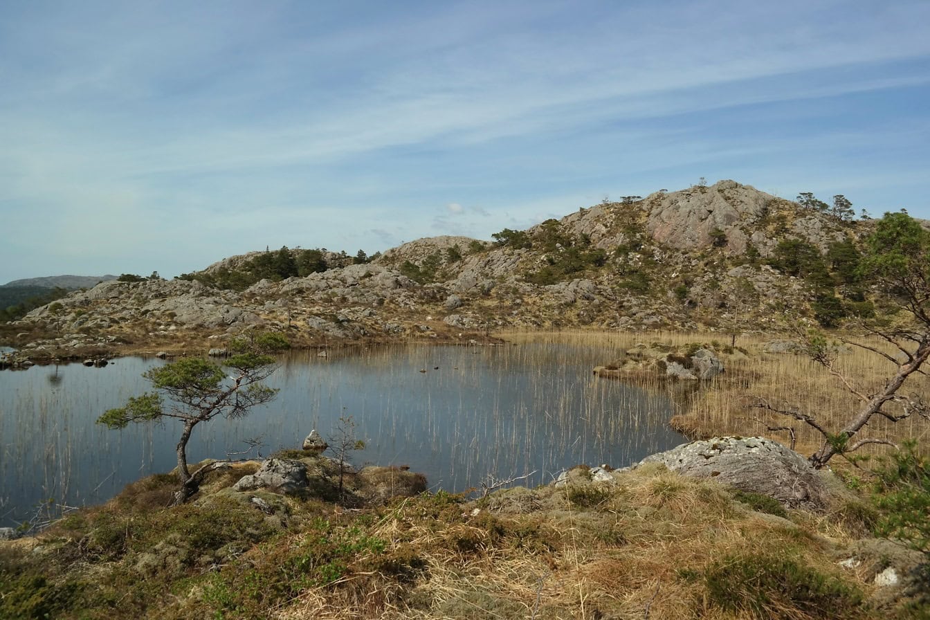 Malé jazero obklopené skalnatými kopcami v škandinávskom národnom parku