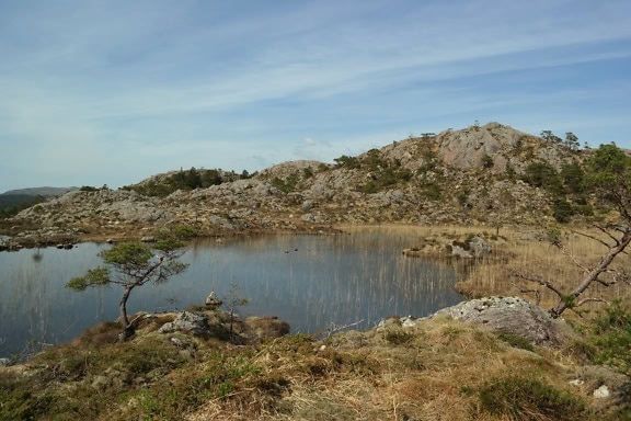 Liten innsjø omgitt av steinete åser i skandinavisk nasjonalpark