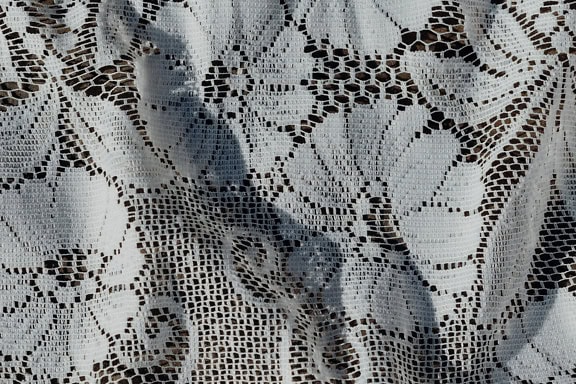 Tekstur av hvit blonder gardin med blomstermotiver på den