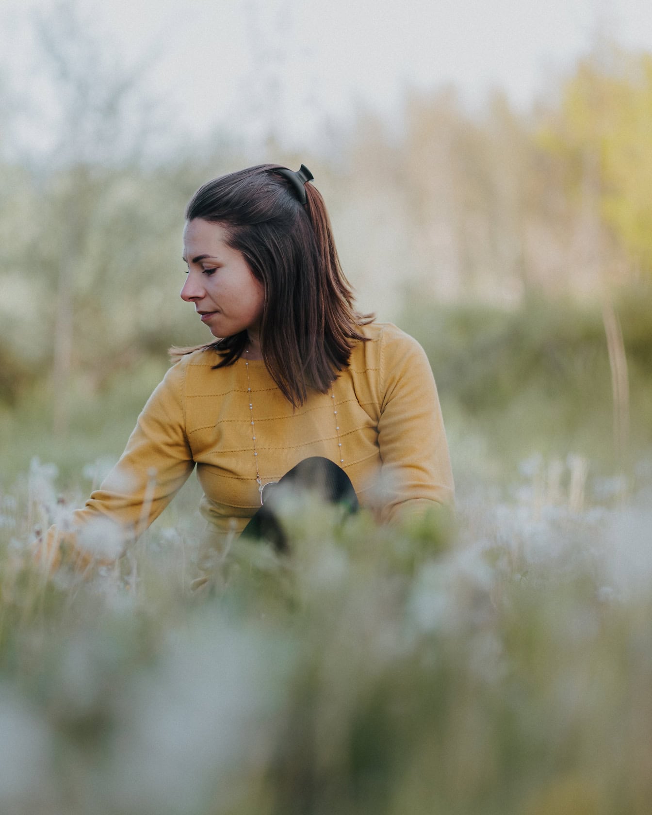 A good looking brunette sitting in a field of flowers in pastel brownish sweater and picking dandelion flowers