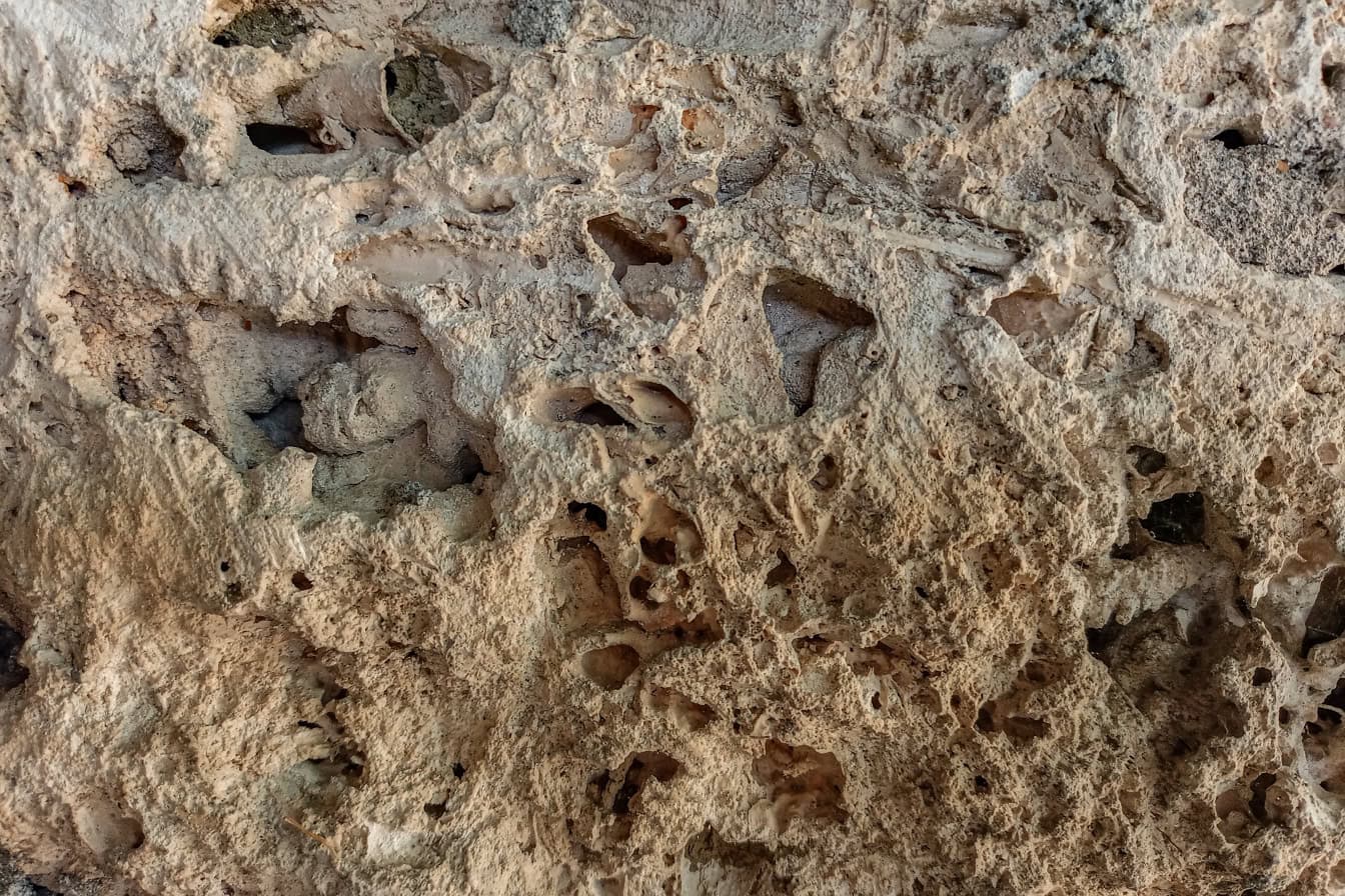 Nærbilde av grov overflate av lysebrun stein med groper
