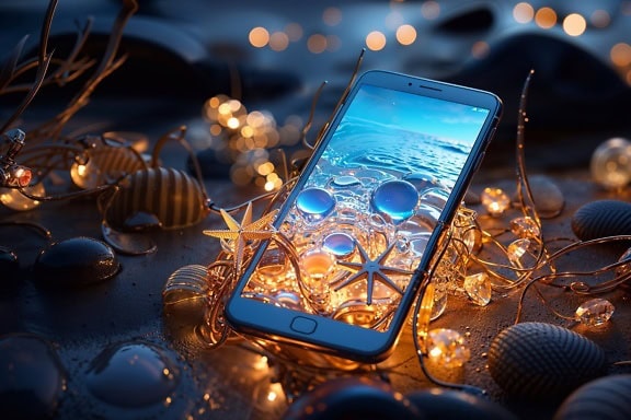 밤의 해변 모래 위에 스마트폰으로 화면에 수중 바다 세계의 일러스트가 표시됩니다.