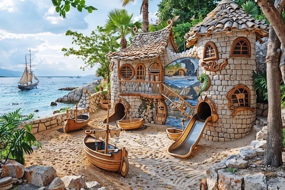 Fotomontáž dětského vysněného hřiště v námořním stylu se skluzavkou a lodičkami na pláži v pohádkové zemi Lilliput
