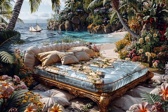 Двуспальная кровать на тропическом пляже в окружении красочных тропических цветов, иллюстрация расслабляющего места для летнего отдыха