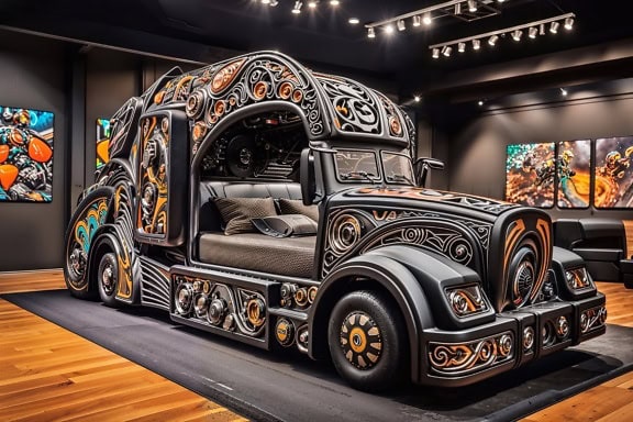 Camion extraordinar negru și auriu transformat într-un pat cu decorațiuni luxoase în muzeu