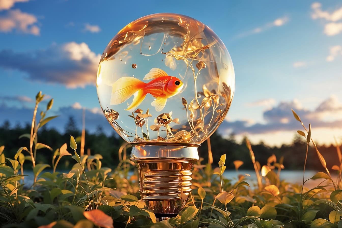 En gullfisk i en lyspære, en fantastisk illustrasjon av behovet for å bevare miljøet