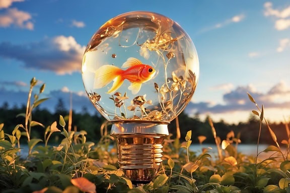Ein Goldfisch in einer Glühbirne, ein großartiges Beispiel für die Notwendigkeit, die Umwelt zu erhalten