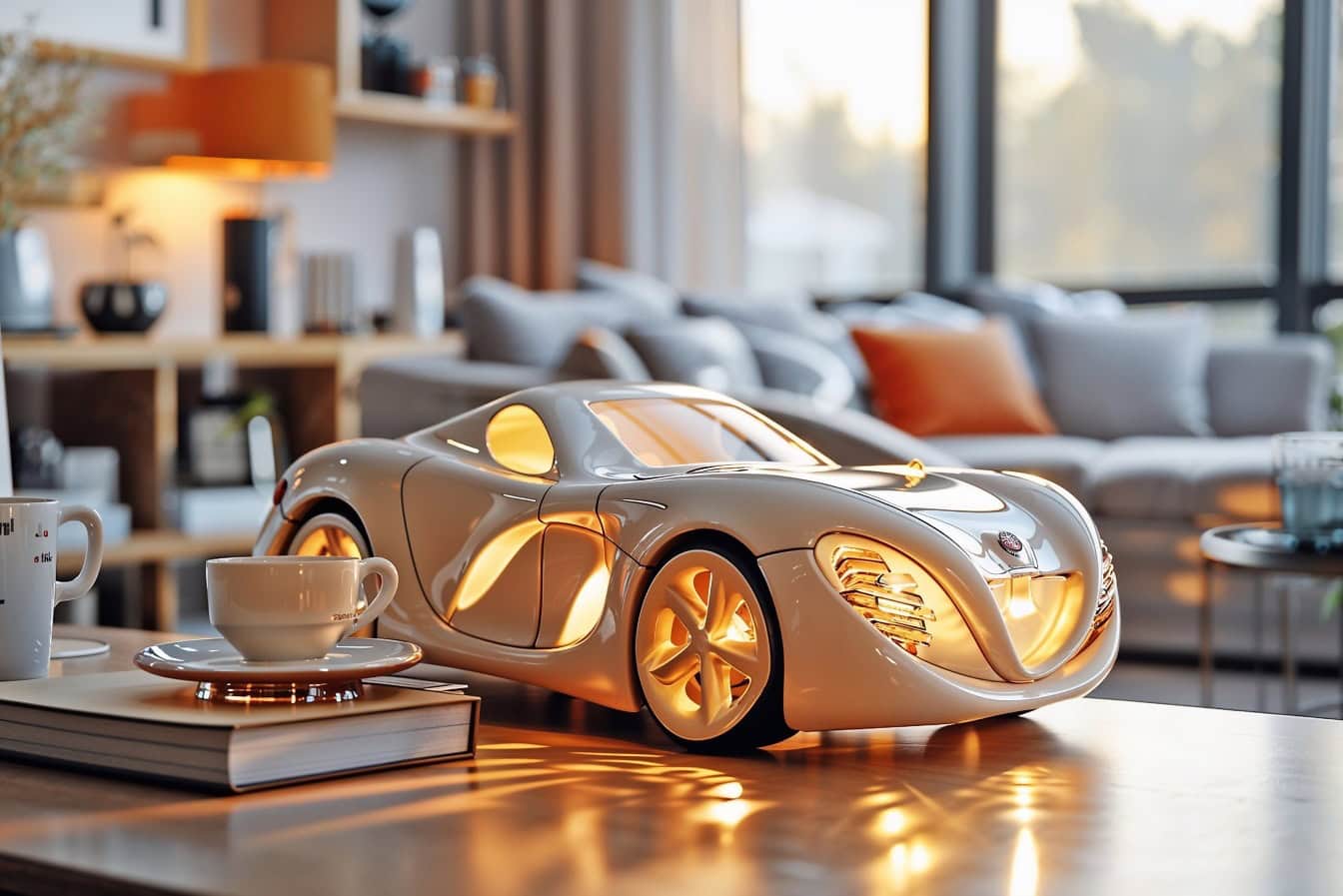 Lysande leksakslampa i form av en modern sportbil på vardagsrumsbordet