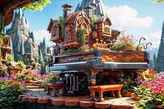 Außergewöhnliche Fotomontage eines magischen Märchenhauses in Form eines Konzertflügels