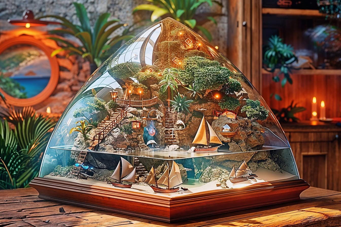 Ekstraordinær dekorasjon i form av en firkantet glasskuppel med en miniatyrmodell av Lilliput wonderland