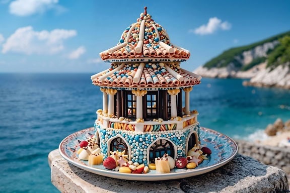 Kue cokelat yang didekorasi dengan elegan dalam bentuk rumah di atas piring dengan pemandangan laut di latar belakang