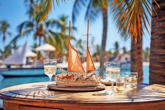 Fruktkake med dekorasjon av seilbåt på den og glass champagne på bordet, en visning av den perfekte desserten på sommerferien