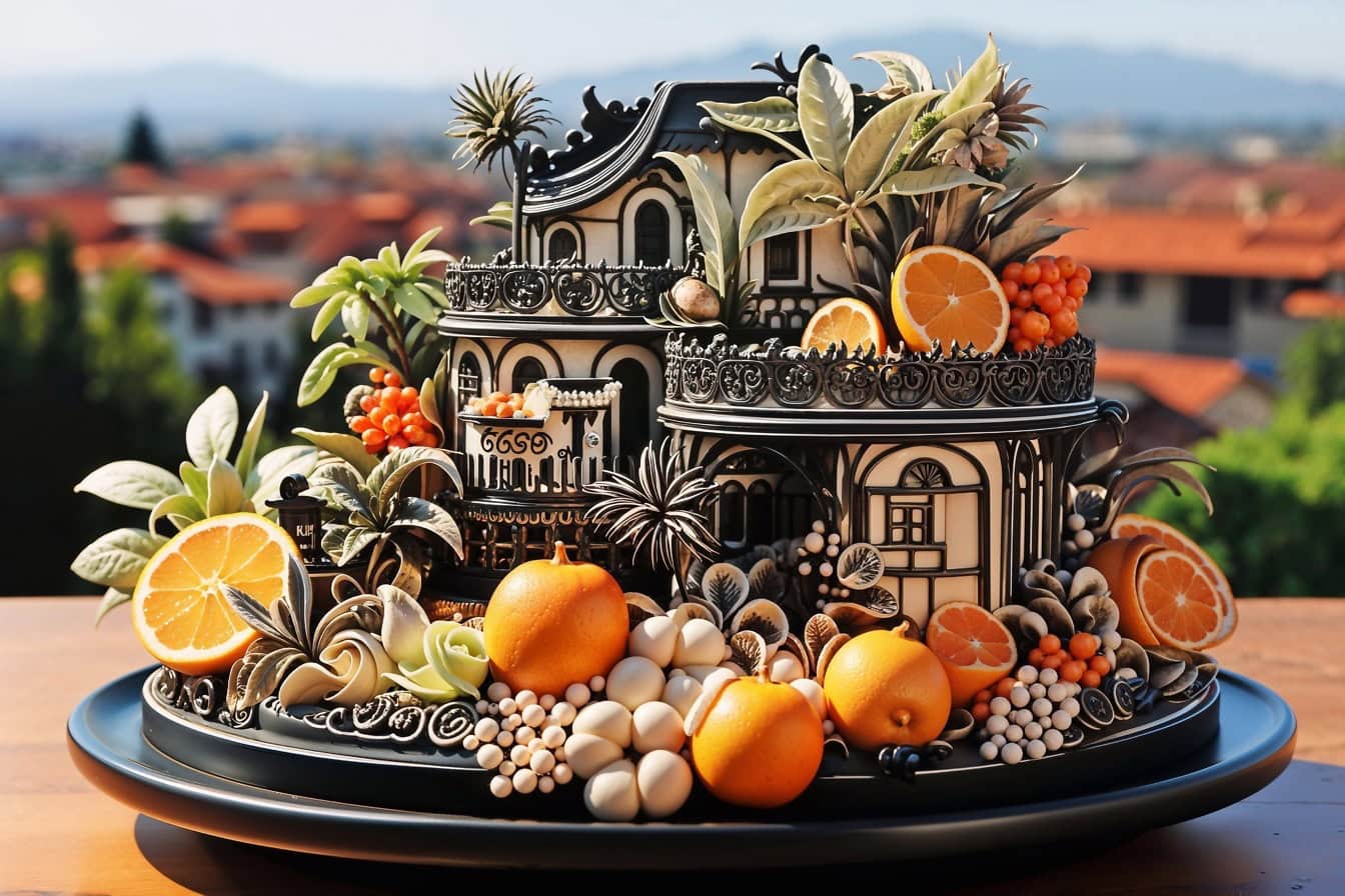 家の形をしたおいしい柑橘系のフルーツケーキ、新しい家の購入を祝うのに最適な御馳走