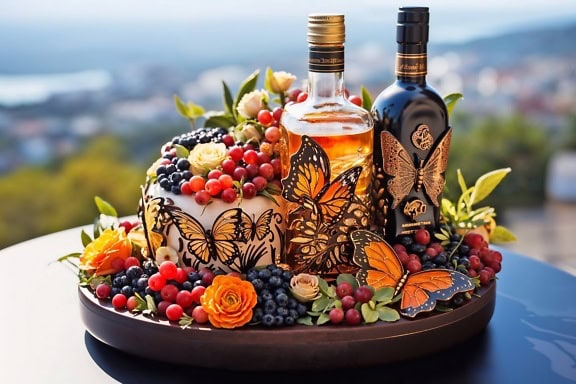 Bandeja de frutas com garrafas de licores alcoólicos com enfeites de borboleta