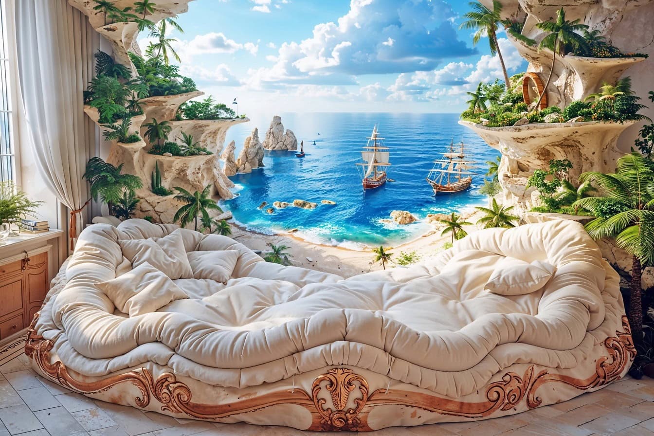 Расслабляющий уголок в спальне с видом на море через стену