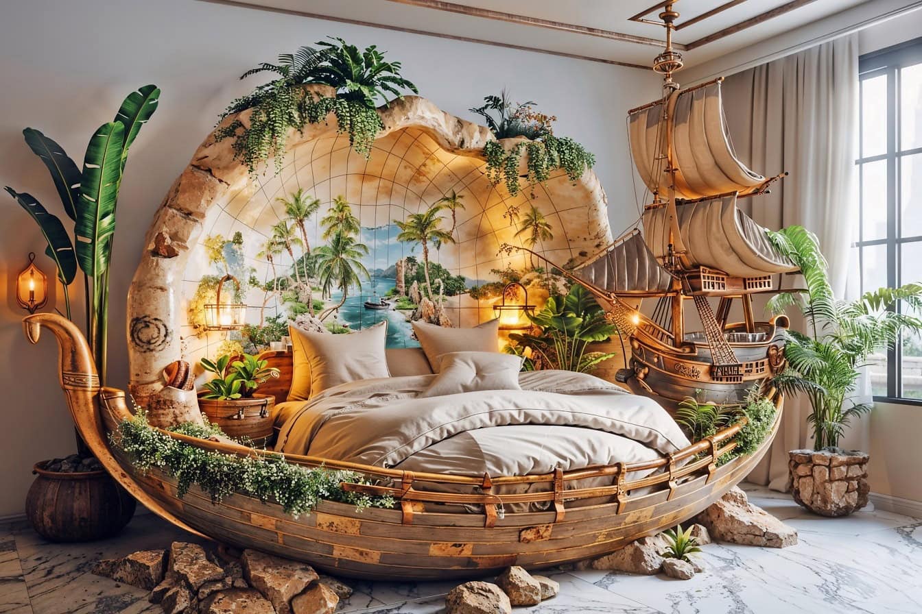 Yelkenli gemi şeklinde bir yatağa sahip deniz tarzı bir yatak odası