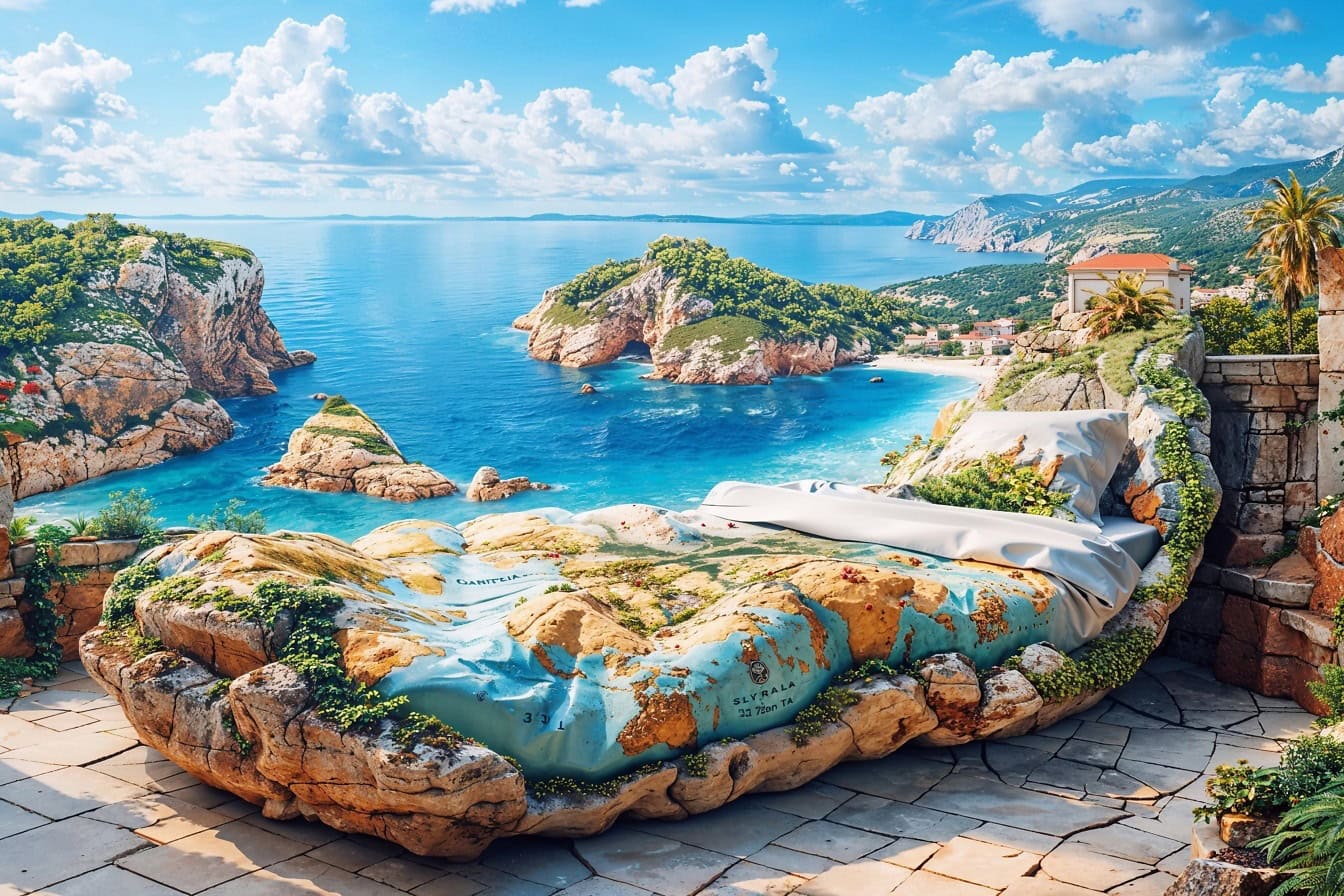 Cama de pedra com roupa de cama com uma impressão de uma antiga carta marítimo-náutica no quarto ao ar livre com uma vista magnífica da paisagem marítima