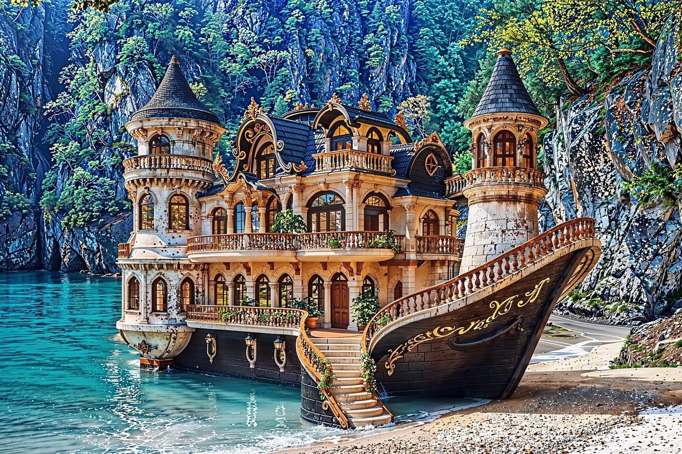 Fotomontaje de un castillo de cuento de hadas en la playa al estilo de un barco victoriano