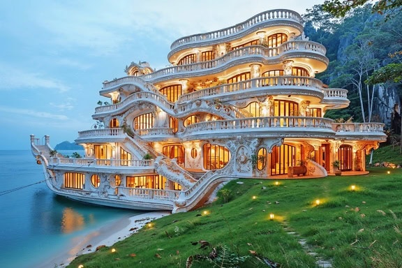 Fotomontaż luksusowej rezydencji przy plaży ze światłami wieczoru, ilustracja idealnego miejsca na luksusowe letnie wakacje