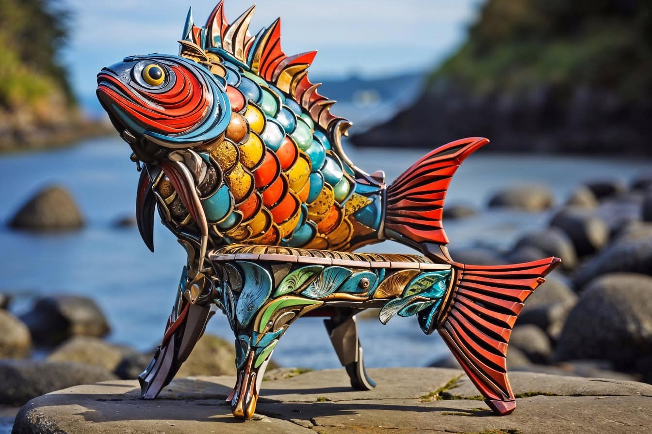 Utrolig fargerik skulptur av en fisk med en benkformet sokkel med en fiskefin