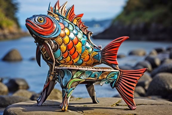 Escultura colorida incrível de um peixe com um pedestal em forma de banco com uma barbatana de peixe