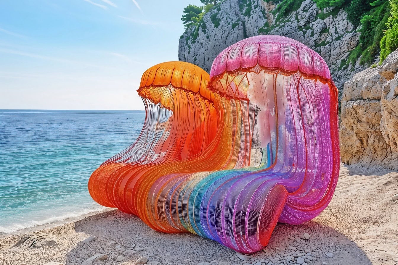 Barevné oranžovo-žluté a narůžovělé relaxační křeslo na pláži ve tvaru inspirovaném medúzou