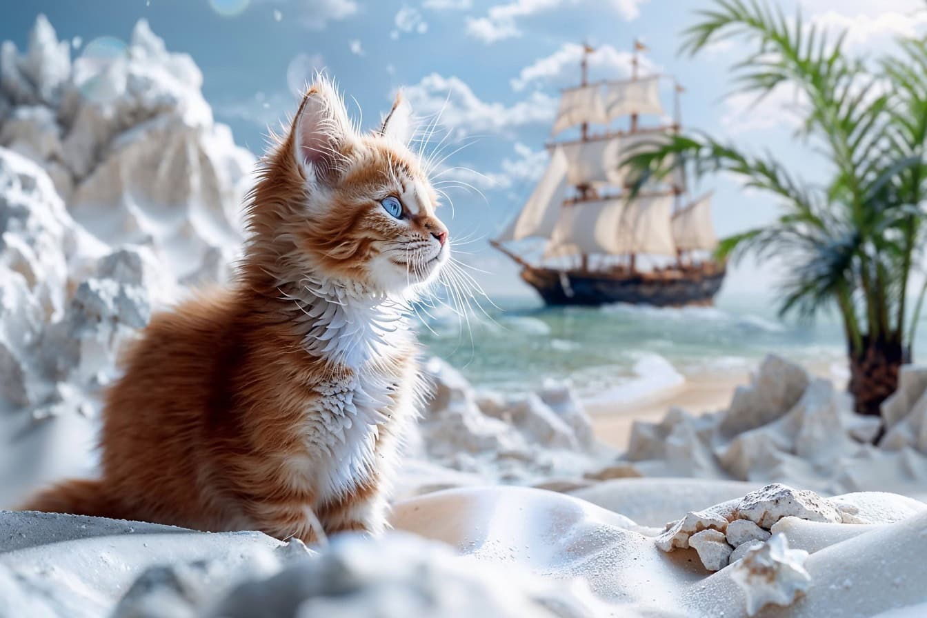 Kucing menggemaskan duduk di pantai dengan pasir putih dengan kapal layar di latar belakang