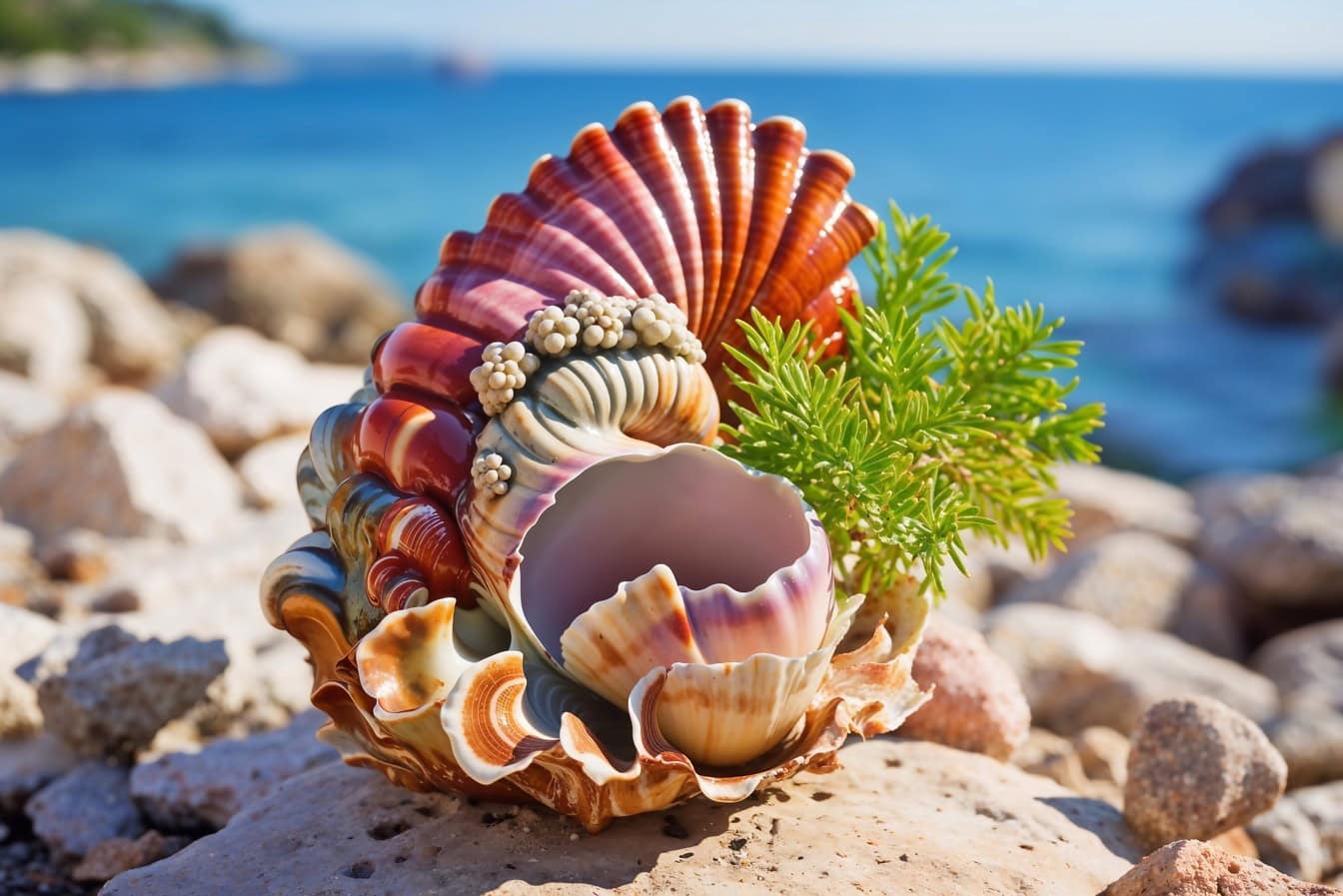 Незвичайна декоративна композиція з різнокольорових морських раковин на пляжі