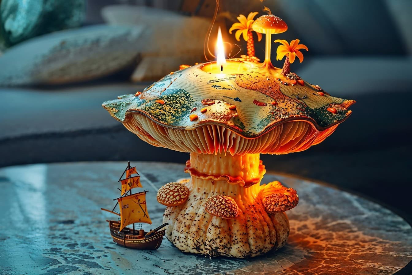 在一艘微型船旁边的桌子上，一盏蘑菇形的海事航海灯上点燃的蜡烛